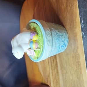 Ceramic 5in Bunny and Easter eggs   Light Blue Pot withand a Rose on the lid